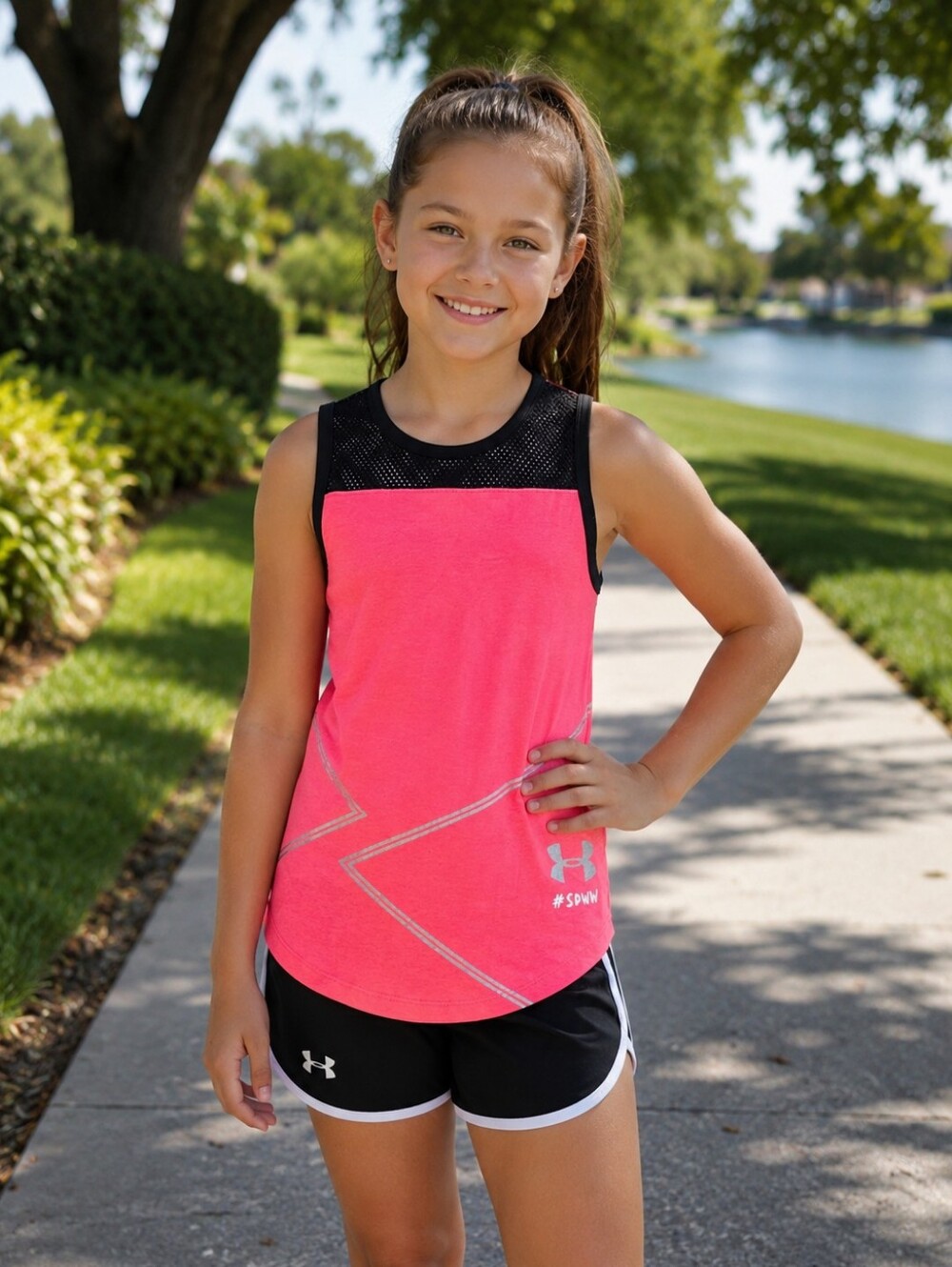 Under Armour Girls HeatGear Tank Top YLG Pink Black Mesh Athletic Sleeveless NWT